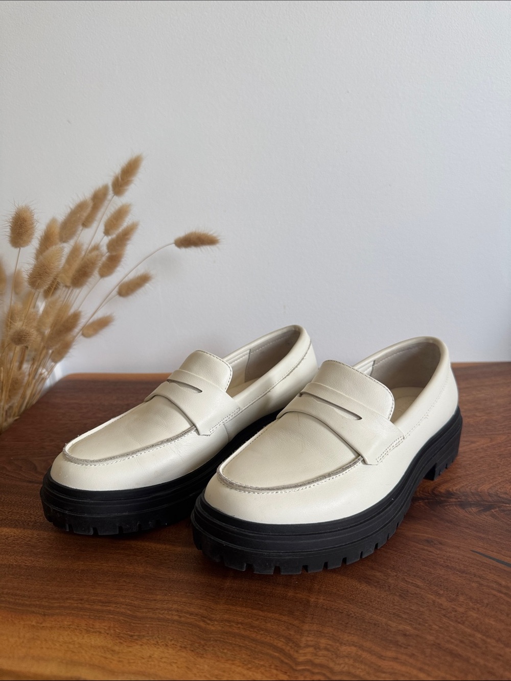 Quince White Leather Penny Loafer with Black Lug Sole - Women's
